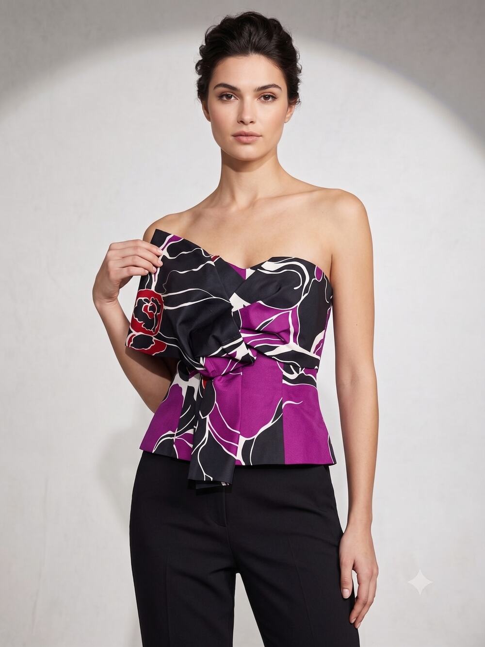 Trina Turk Strapless Bustier Top Womens 6 Purple Black Floral Sweetheart Corset